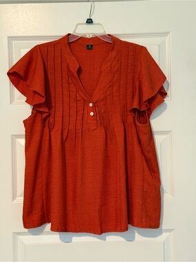 SHEIN Rust Red Flutter Sleeve Pintuck Blouse